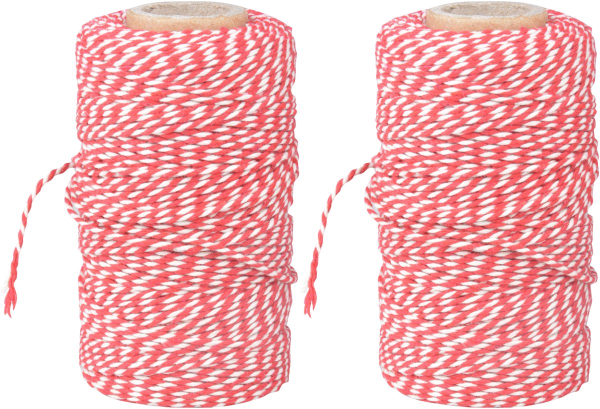 Keuken bindtouw - 100 meter - rood/wit - 2x - Katoenen bakkerstouw op rol - Baktouw/slagerstouw