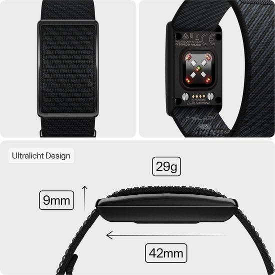 Zwarte activity tracker met stoffen band, dikte en breedte specificaties.