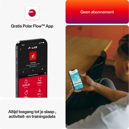 Polar Loop activity tracker, bruin koper, met de Polar Flow app op een smartphone.
