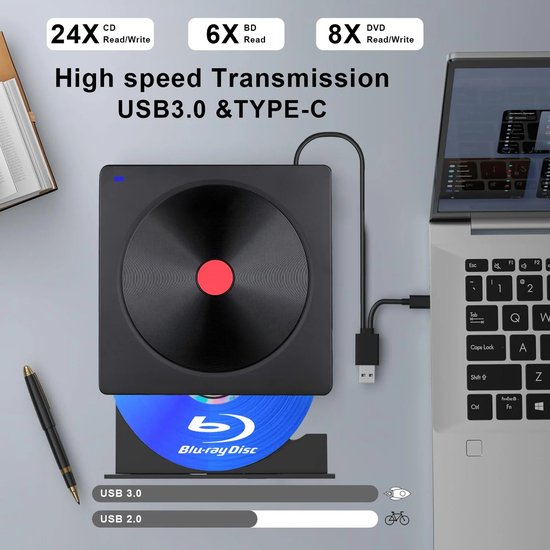 Rolu Draagbare DVD Speler - Draagbare Blu Ray/BD/CD Speler - USB C - USB 3.0 - Windows & Mac - Laptop — afbeelding 5