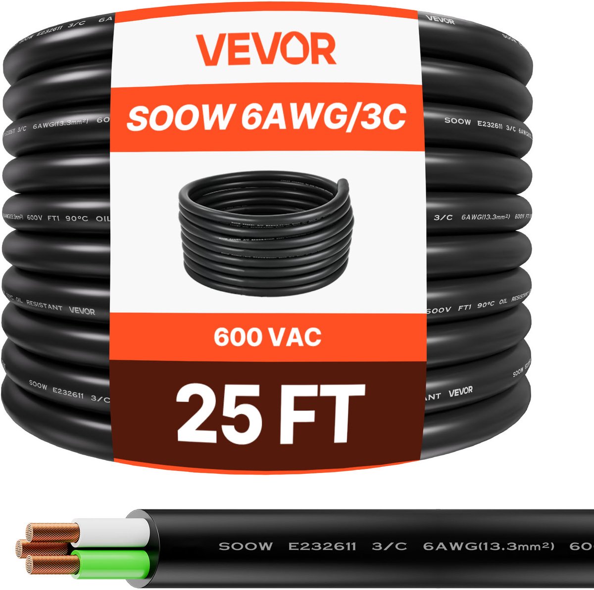 VEVOR 7,62M 6AWG (16 MM²) Elektrische Kabel, Stroomkabel, Koperen Verlengkabel, Draad 600V