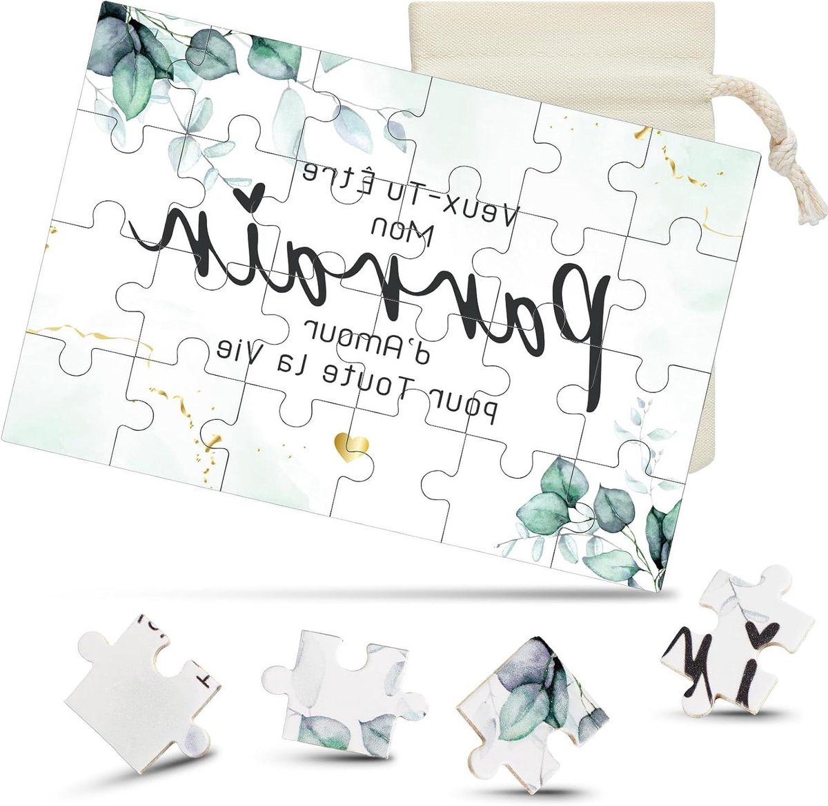 Houten peettante aankondiging puzzelcadeauset voor doop met canvas trekkoordzak