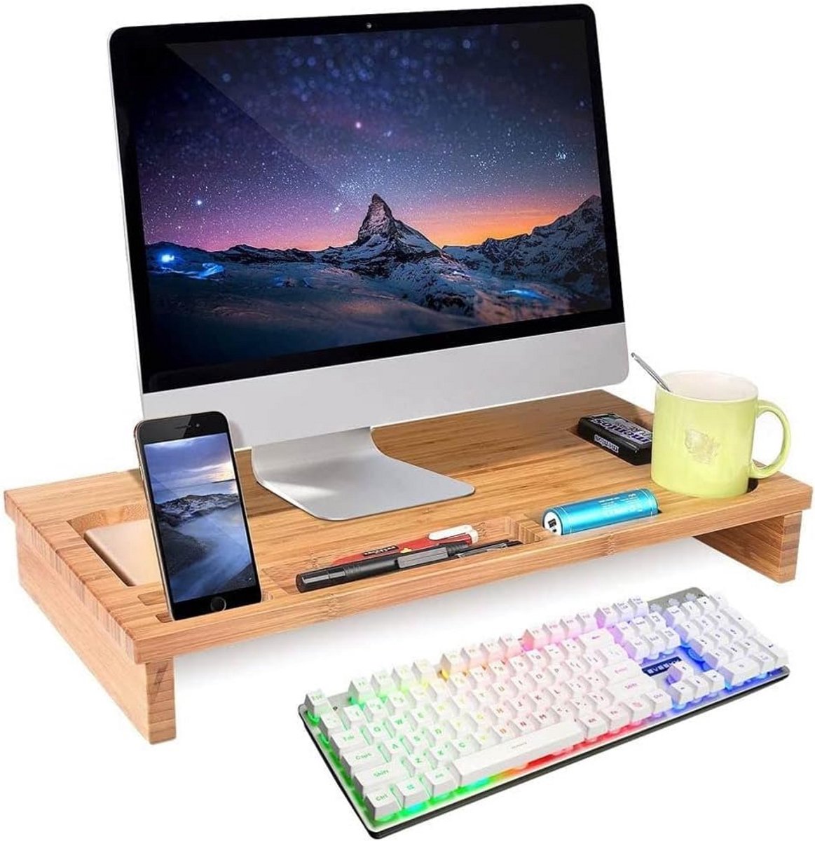 Bamboe Monitor & Laptop Verhoger met Opbergvakken - Bureau Organiser