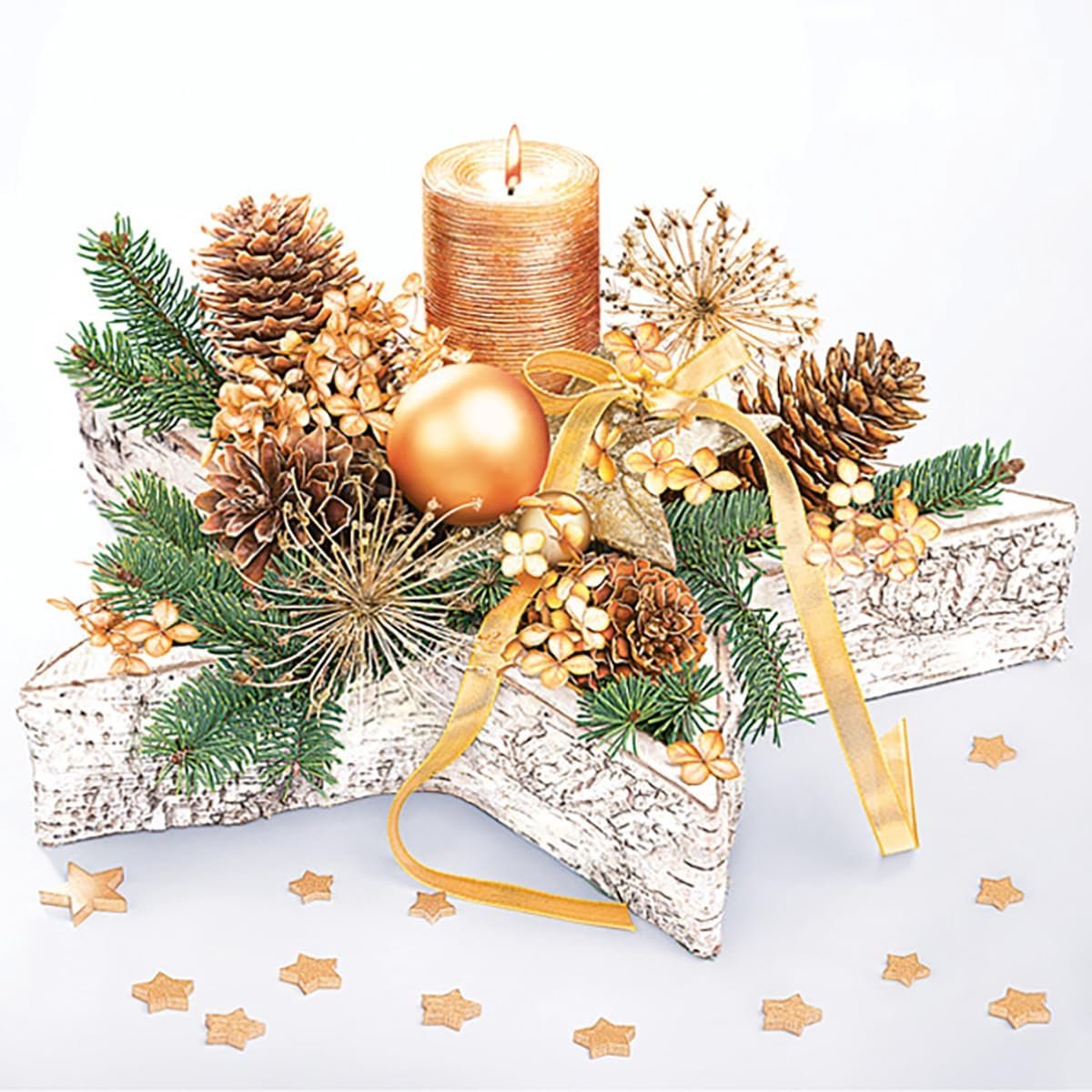 Set van 20 Kerst Servetten - Gouden Ster Decoratie op Houtlook - Feestelijk Tafeldecoratie