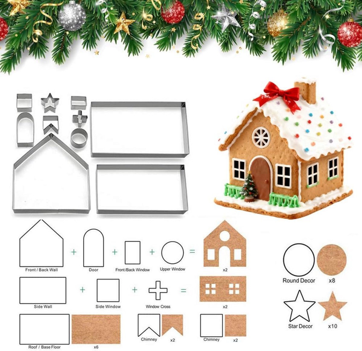 Set Koekjesvormpjes voor 3D Peperkoekhuis - 10 Delig Roestvrij Staal