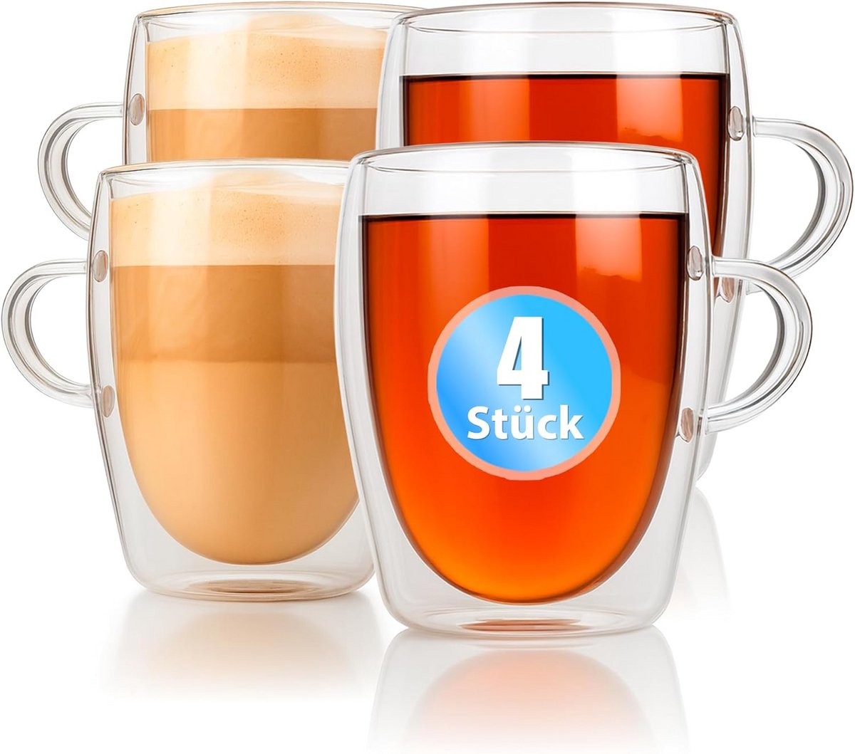 Set van 4 Dubbelwandige Latte Macchiato Glazen met Hendel 300 ml