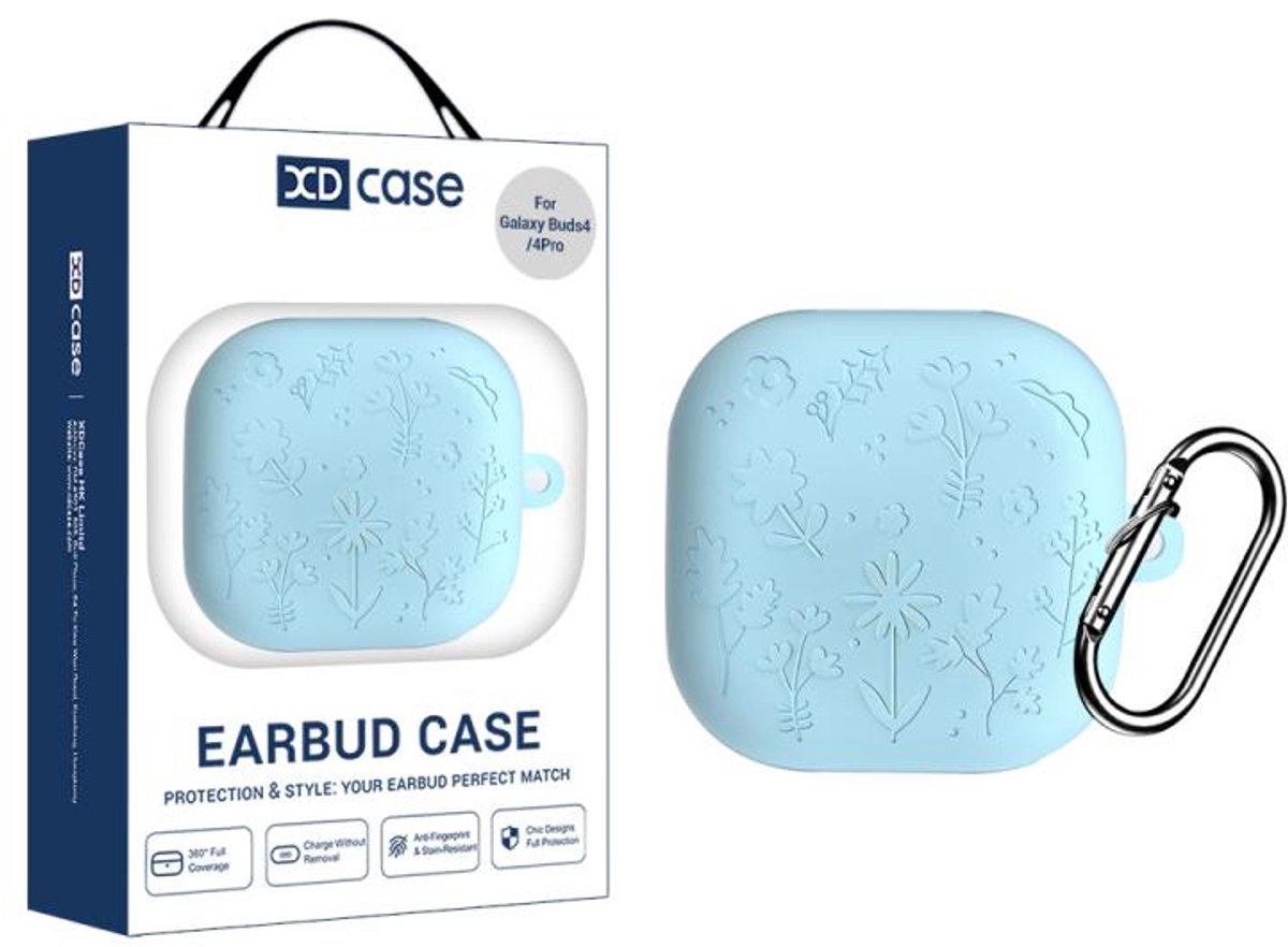 XDcase - hoesje geschikt voor Samsung Galaxy Buds4 / 4 pro soft case cover - blauw natuur bloemen - TPU hoesje Beschermhoes - Samsung Galaxy Buds 4 / 4 Pro Cover - Buds4 hoesje - gel hoesje met sleutelhanger