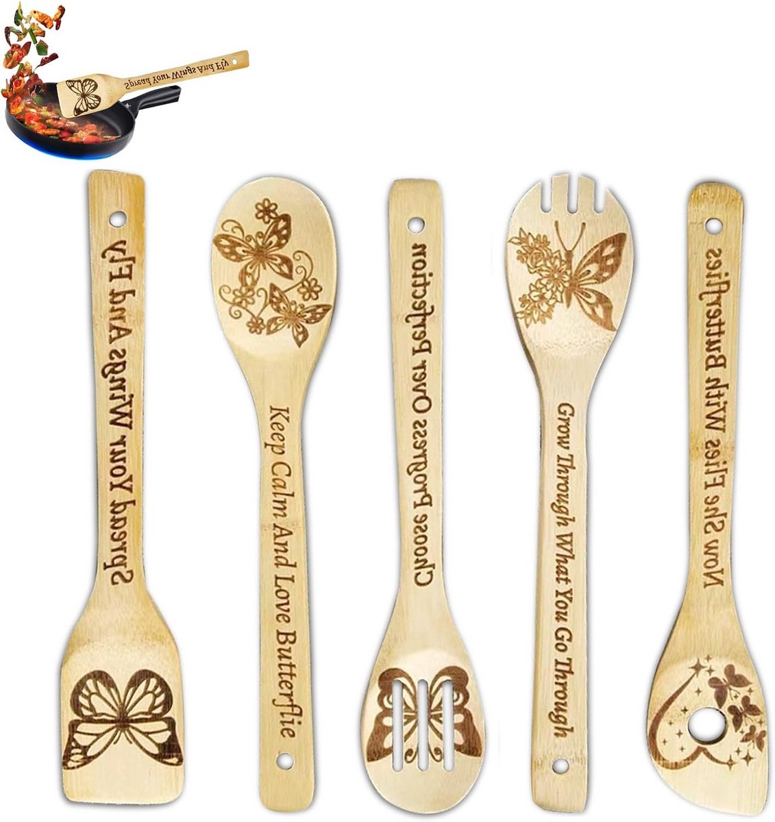 Set van 5 Houten Kooklepels en Spatels - Bamboe Keukengerei Set - Ideaal als Cadeau