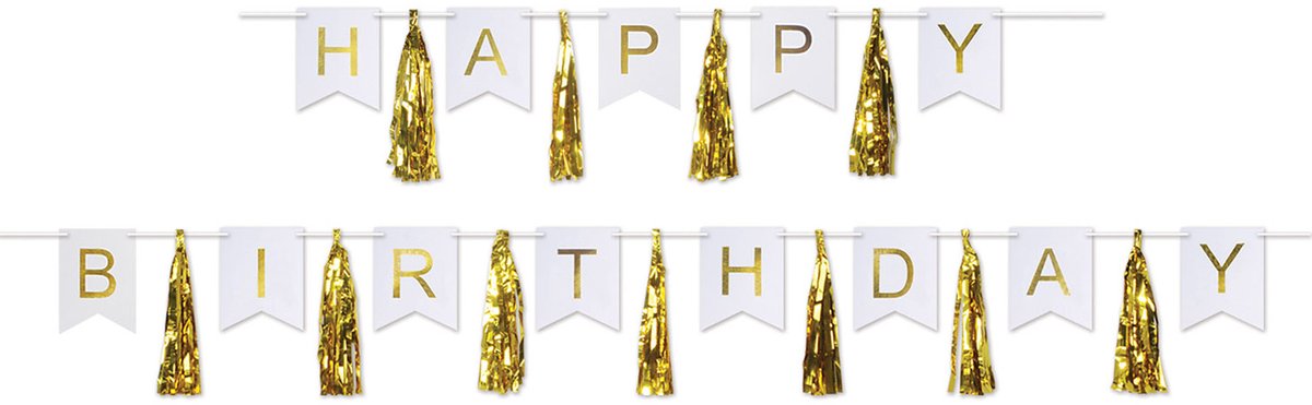 360 DEGREES - Slinger kwastje Happy Birthday goud en wit 4,56 m van karton