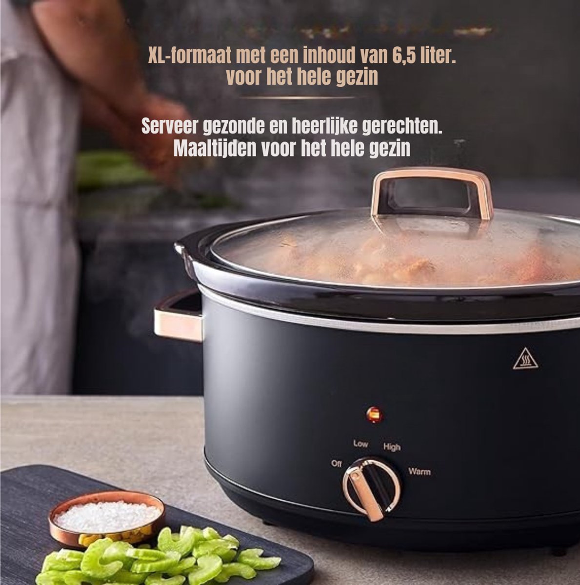 Aura® Slowcooker met Timer - Crockpot - Snelkookpan - Inclusief Warmhoudfunctie - 6 Liter - Zwart/Roségoud - 30cm x 42cm x 26cm – foto 4