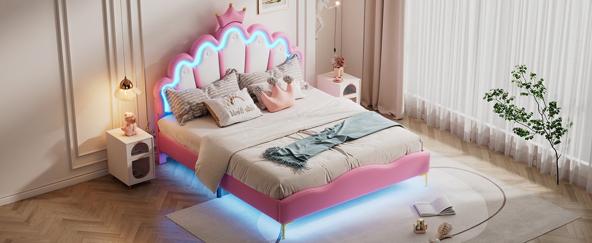 Zubaliya Prinsessenbed 140x200 cm Roze – Tweepersoonsbed met LED Verlichting, Afstandsbediening, Kroon Design en PU Leer
