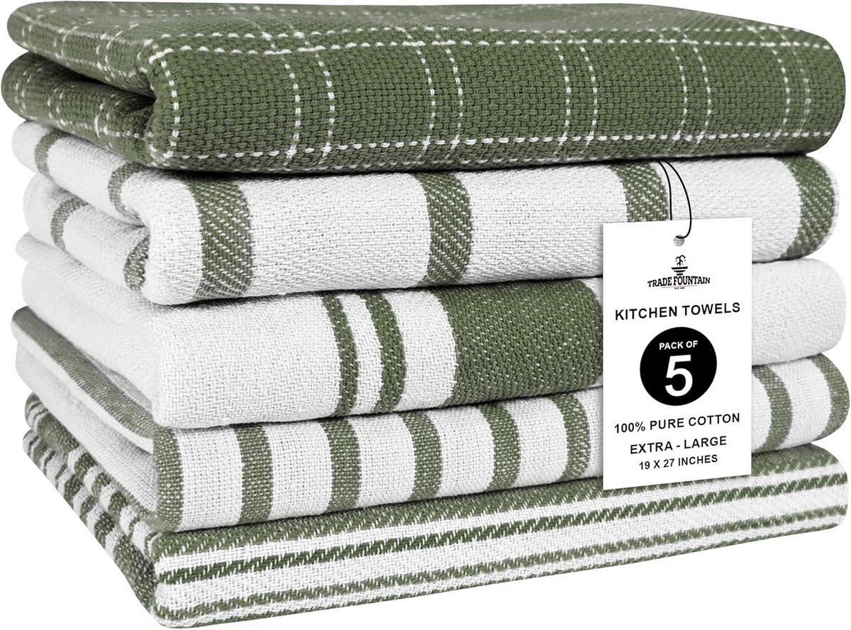 Set van 5 Keukendoeken Katoen Ultra Absorberend Olijfgroen 70x50 cm