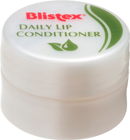 Wit potje Blistex Daily Lip Conditioner met groene bladeren en druppel logo.