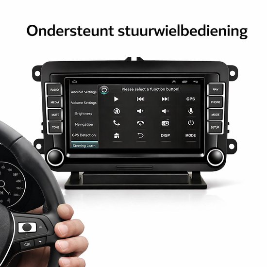 Autosysteem met touchscreen en een hand die een stuurwiel vasthoudt. Tekst: 'Ondersteunt stuurwielbediening'.