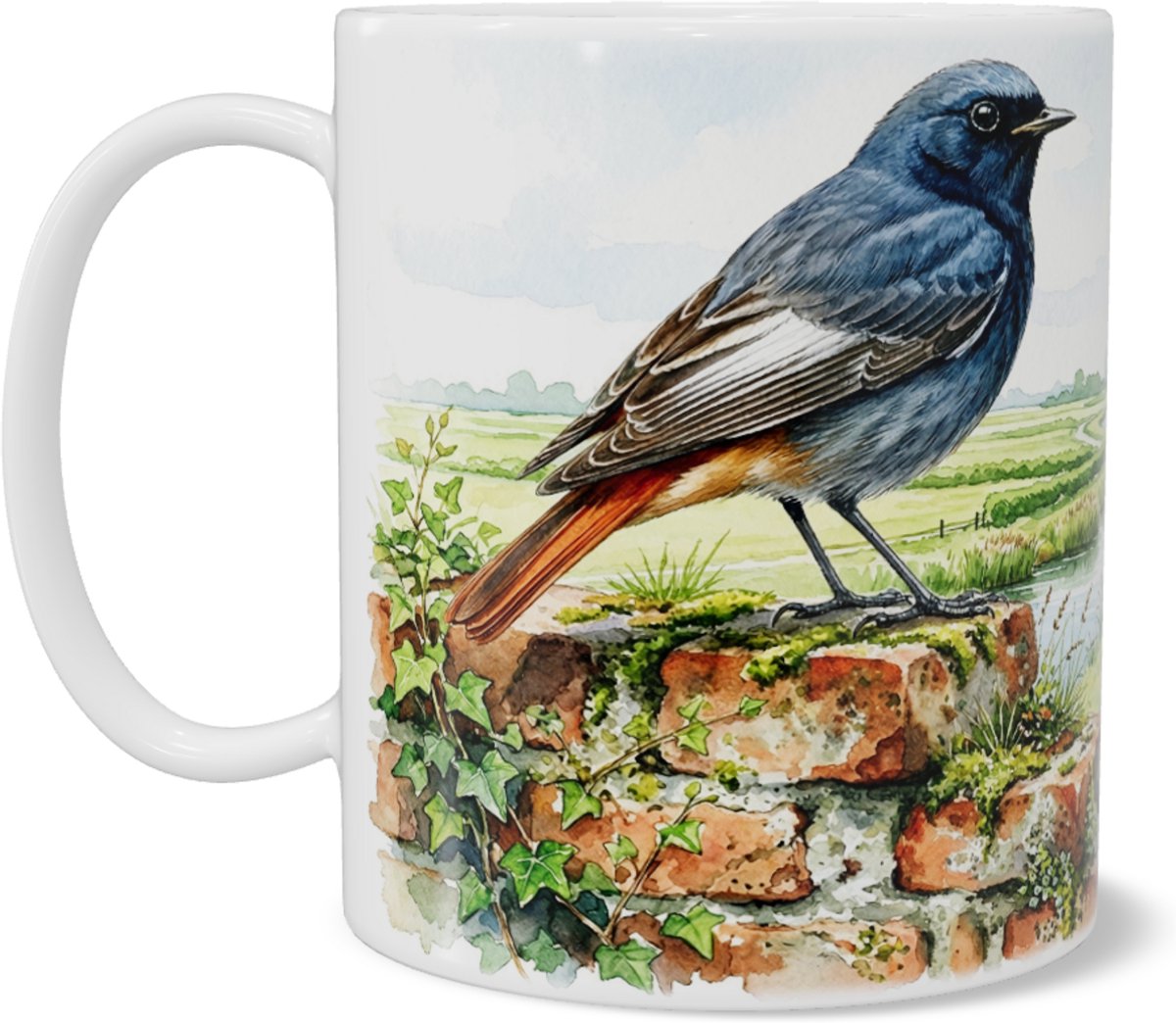 Aquarel Series Vogel Zwarte Roodstaart op Oude Muur in Dorpslandschap met Kerk - Functionele Koffiemok en Theebeker voor Thuis en op het Werk - Ideaal Cadeau voor hem & haar: Vrouw, Vriend(in) of Collega - Waterverf Natuur Beker
