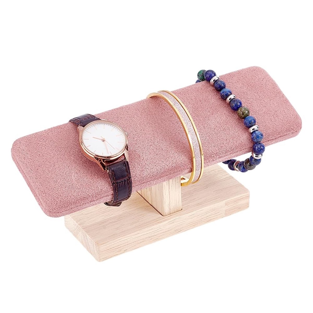 PH PandaHall Houten Watch Display Stand met Velvet T-Bar voor Sieraden en Horloges, Roze Jewelry Organizer en Presentatiestandaard