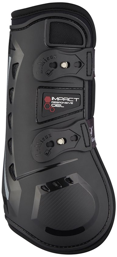 Zwarte paardenscheenbeschermer met gespen, LeMieux logo en "IMPACT RESPONSIVE GEL" print.
