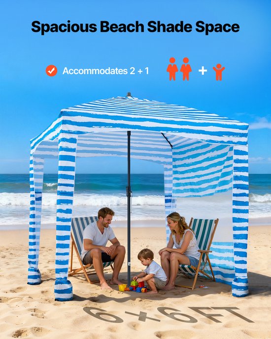 VEVOR Strandcabana 183 X 183 cm, Strandluifel met Zijwanden, Upf 50+ Zonbescherming, Strandpaviljoen met Zandzakken, Draagbare Parasol voor Familie En Vrienden, Blauwe Strepen van Vevor — afbeelding 4