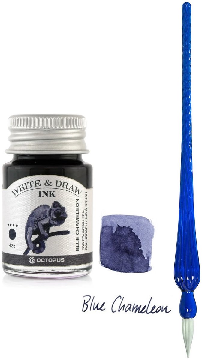 Glaspen - Glazen Dip Pen set in doosje - Blauw - Potje - Octopus - Vulpen inkt - blauw-blue chameleon