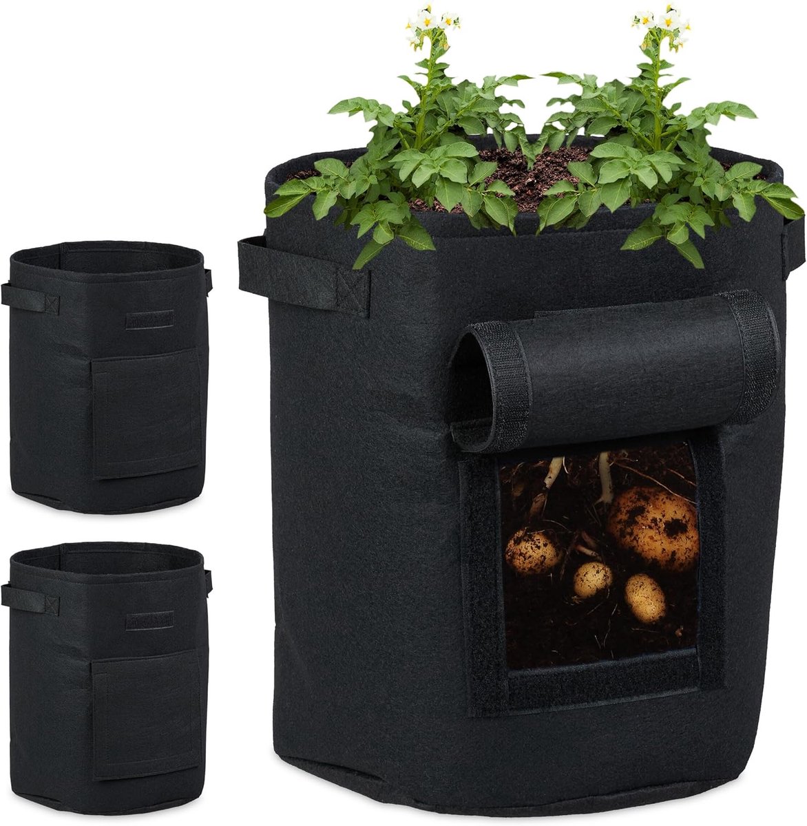 Famanu - Kweekzak, set van 3, met luikje, plantzak voor aardappelen, groente, HxØ: 35 x 30 cm, groeizak vlies, zwart
