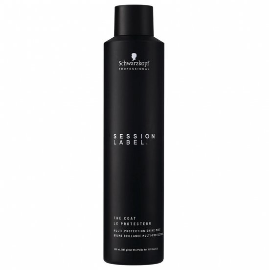 Zwarte fles Schwarzkopf Professional Session Label, The Coat Multi-Protection Shine Mist, 300 ml.