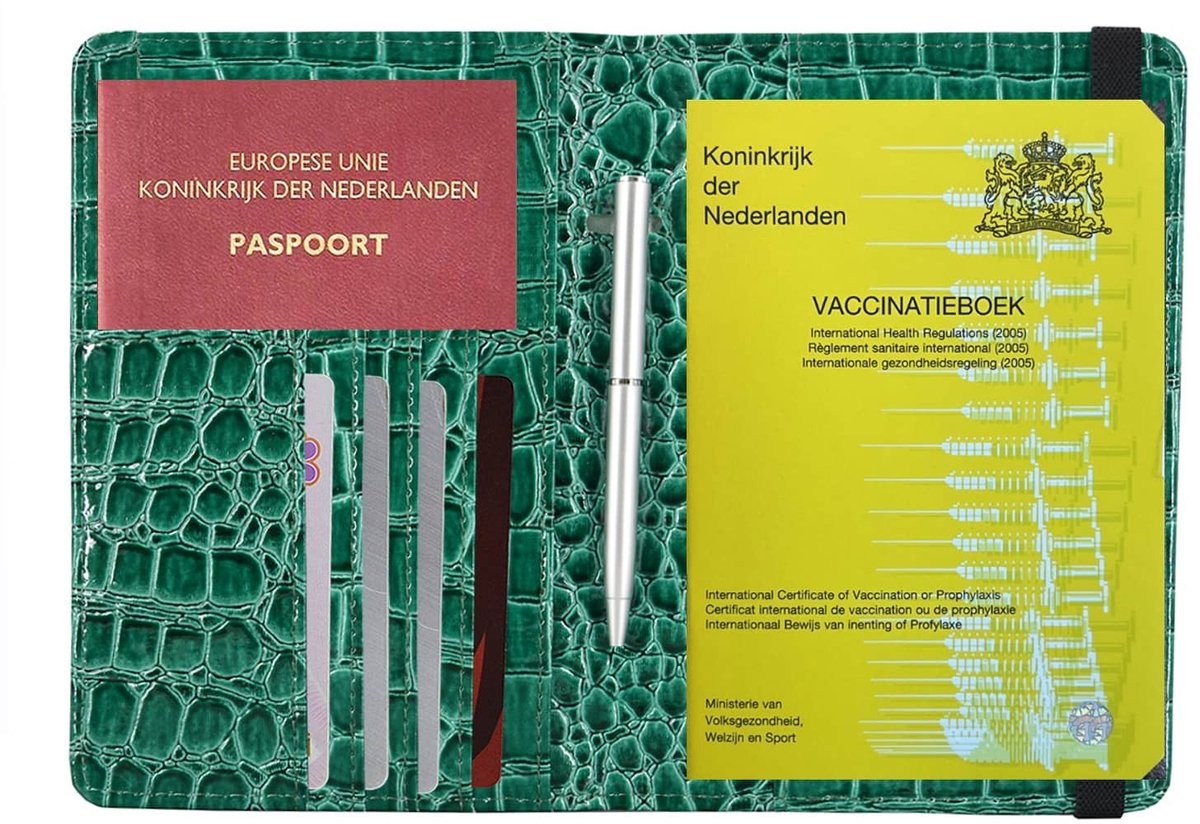 Vaccinatiepaspoort Hoesje - Vaccinatieboekje Gele Boekje Houder - Paspoorthouder met Anti Skim Bescherming - Krokodil Groen