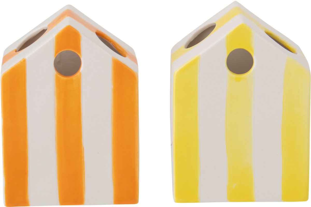 J-Line vaas Strandhuis Gestreept - porselein - geel/oranje - 2 stuks
