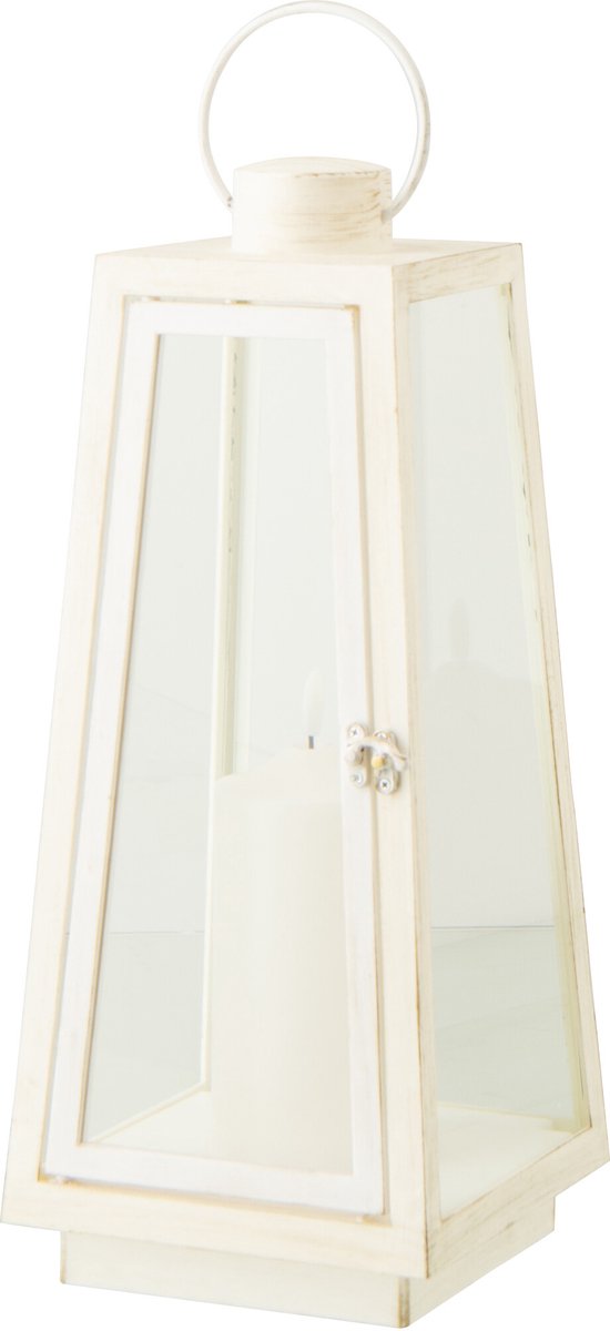 J-Line lantaarn + kaars - glas - wit - medium - LED lichtjes