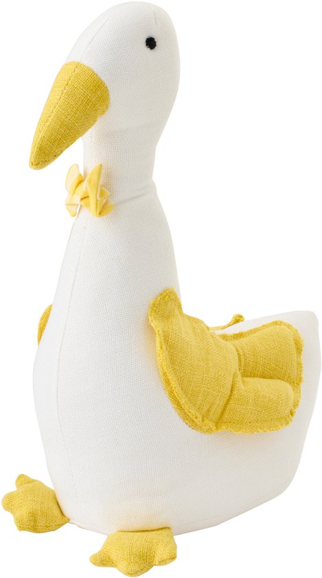 Witte deurstopper in de vorm van een eend met gele accenten en een gele vlinderdas.