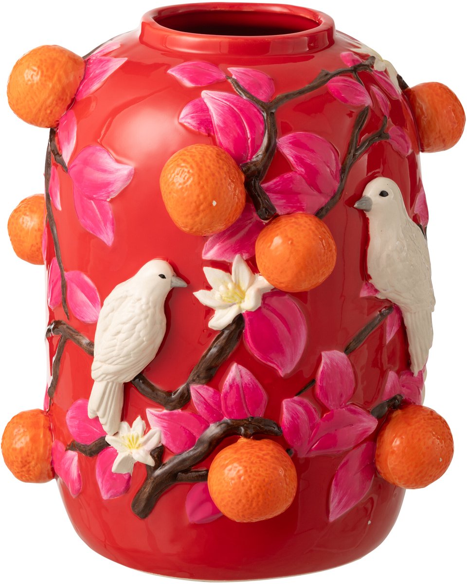 J-Line vaas Vogel Sinaasappels - keramiek - roze/oranje - small