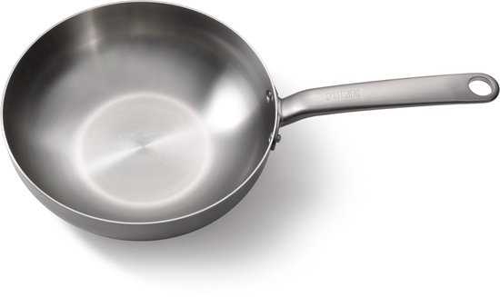 Roestvrijstalen wokpan met steel, van bovenaf gezien.