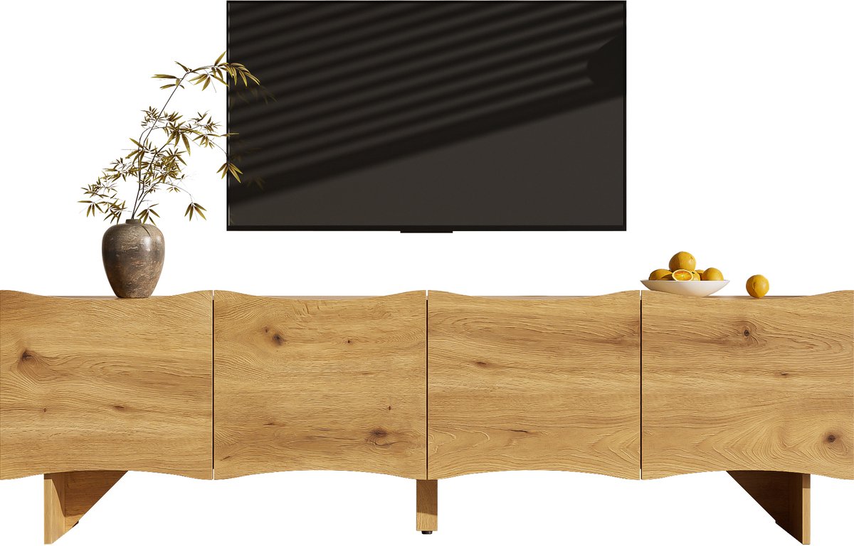 Wishdor - Tv-Meubel Met Golfpatroon En Kabeldoorvoer - Modern - Voor Woonkamer - Spaanplaat - Naturel - 155 X 36 X 47 Cm
