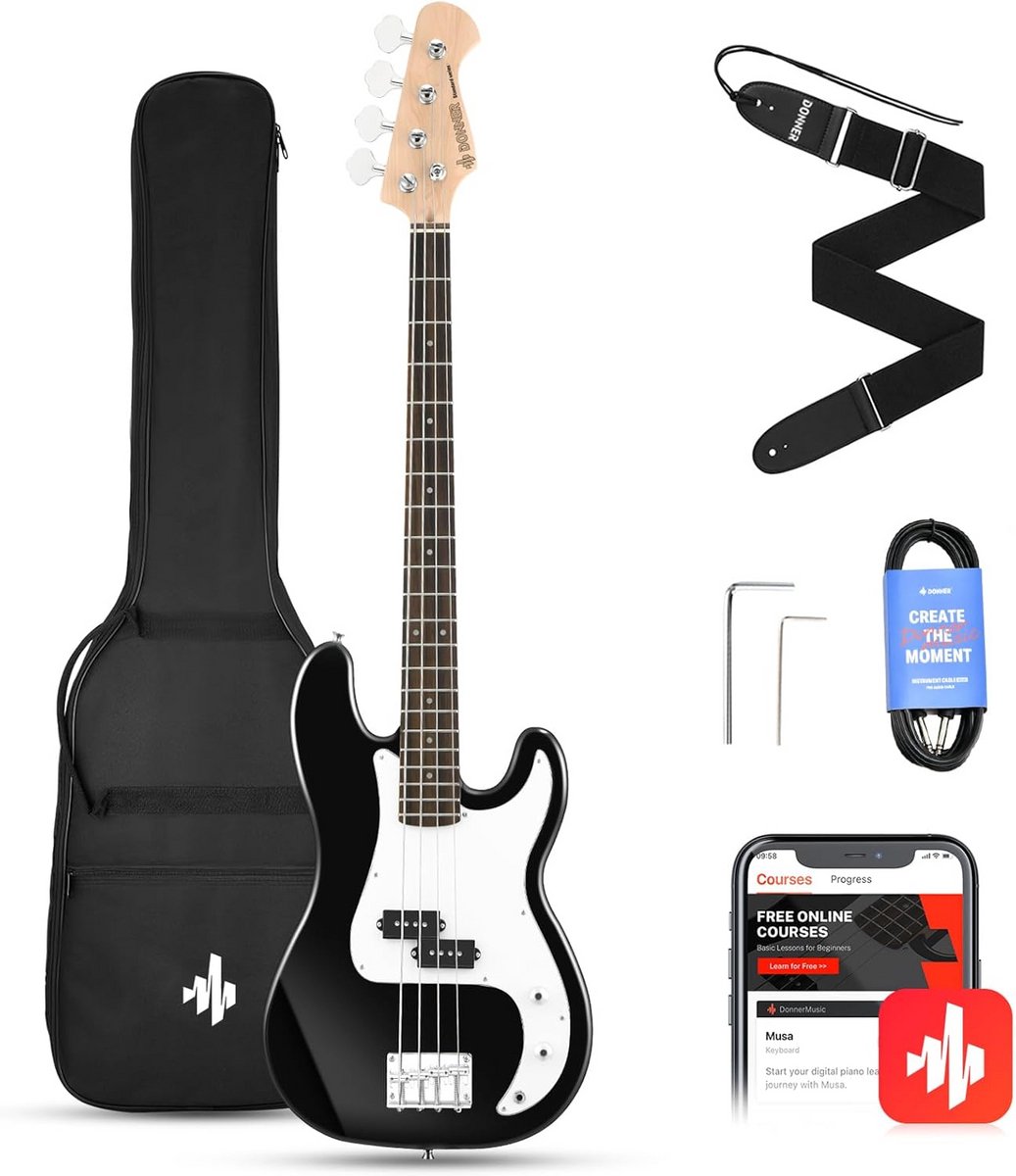 Elektrische Basgitaar - 4-Snarige Bas - Muziek Maken - Complete Starterset - Full Size - Zwart