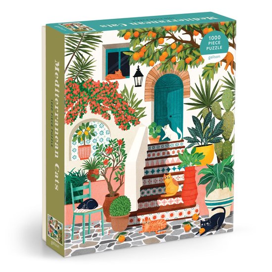 Puzzeldoos met 'Mediterranean Cats', 1000 stukjes, met een illustratie van katten op een mediterraan terras met sinaasappelbomen.