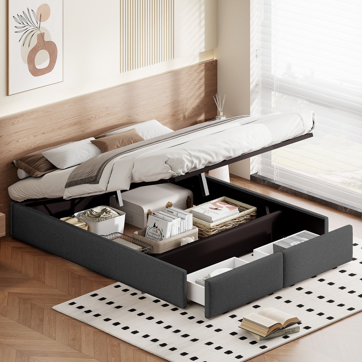 Bedframe 140x200 – met Opbergruimte & Lades – Zonder Hoofdbord – Linnen Grijs