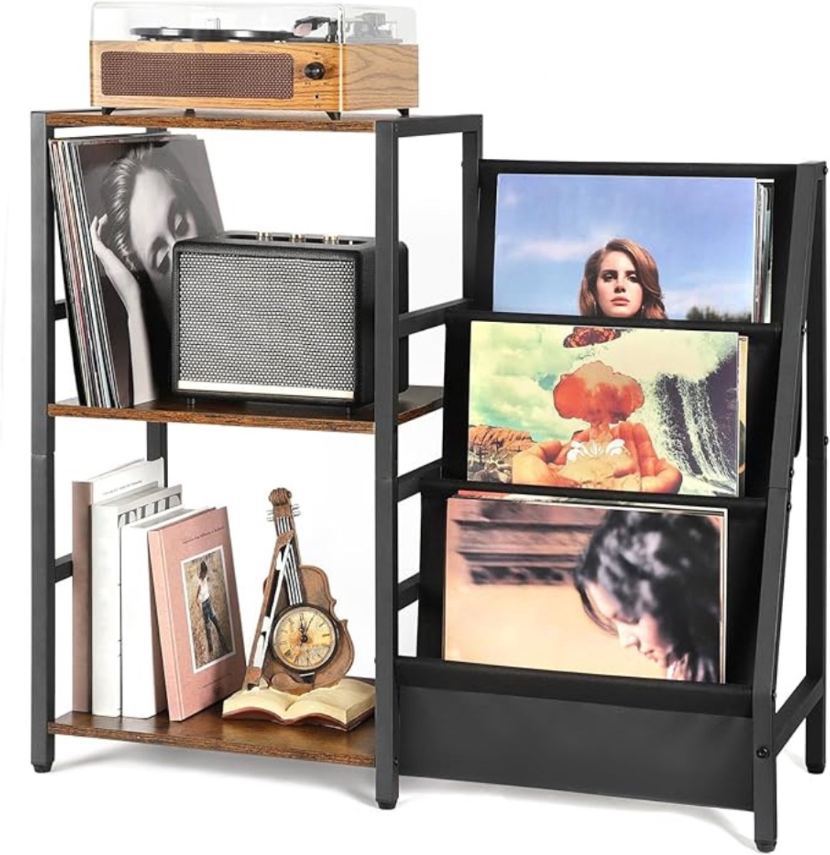 Verte Platenspeler Meubel - Platenspeler-Standaard – Platenspeler-Standaard met Opbergruimte voor 3 Lagen Vinylplaten – Platenspeler-Tafel voor Maximaal 200 Albums – Bijzettafel voor Vinylplaten – Vinylplatenhouder voor in de Woonkamer