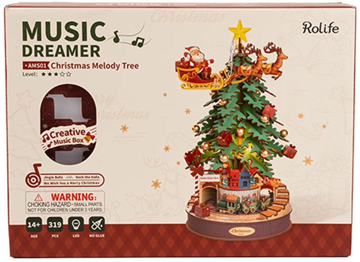 Robotime Christmas Melody Tree 3D Houten Muziekdoos – Kerstboom Bouwpakket – 319 Onderdelen - 30x30x40cm — afbeelding 18