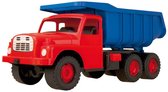 Grote rode en blauwe Dino Toys kiepwagen met terreinbanden en witte grille.
