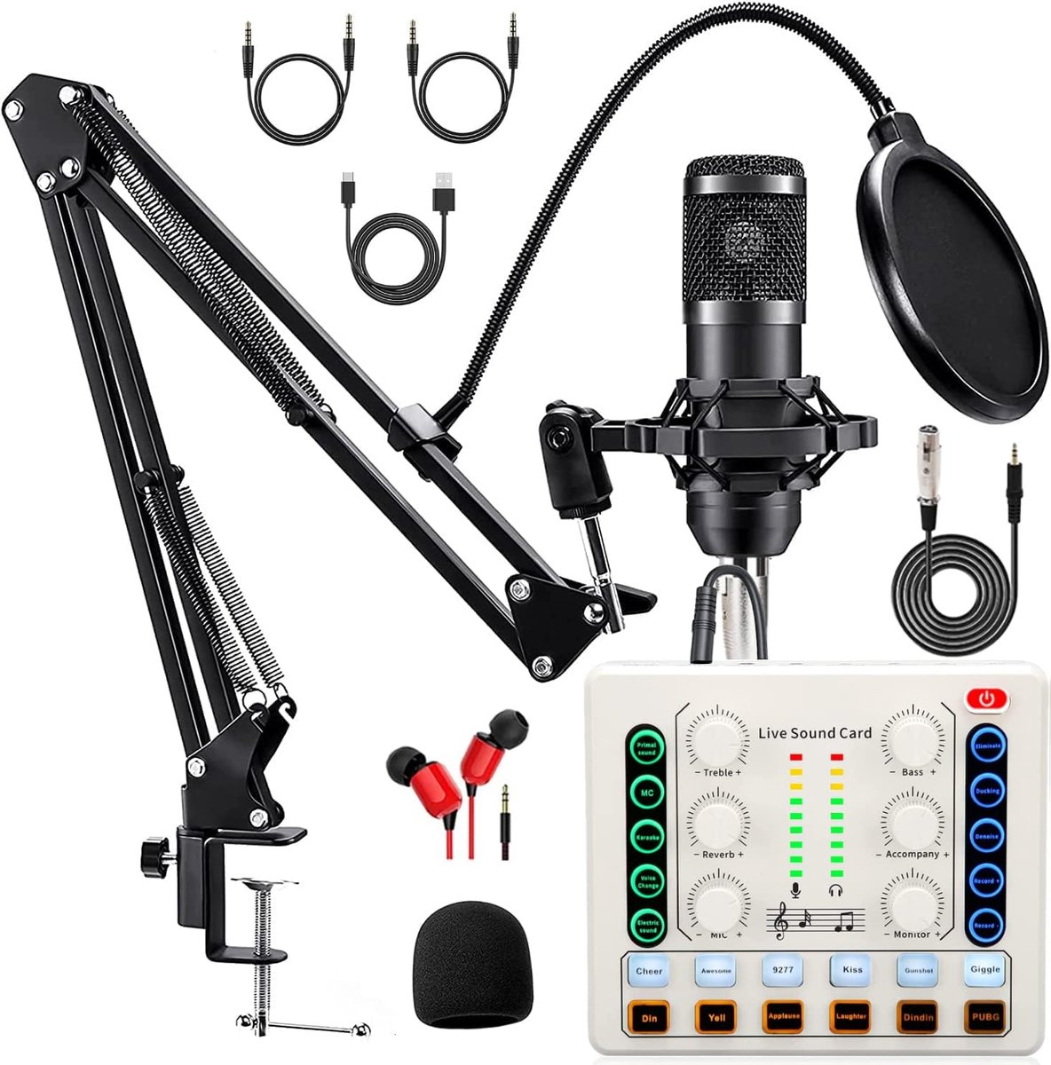 Podcast Microfoon Set - Opname Apparatuur - Streaming Muziek - Inclusief Geluidskaart - 42x20x7 cm - Zwart