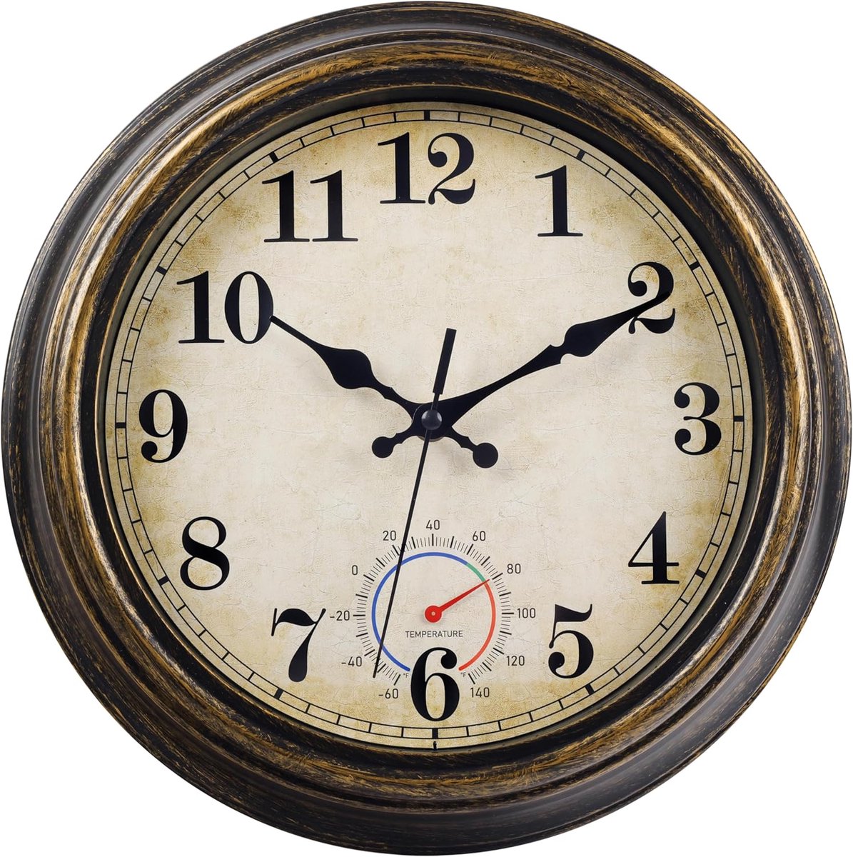 Buitenklok met thermometer - Wandklok weerbestendig - Terras en tuin - Stijlvol vintage design - 305 cm diameter - Zwart
