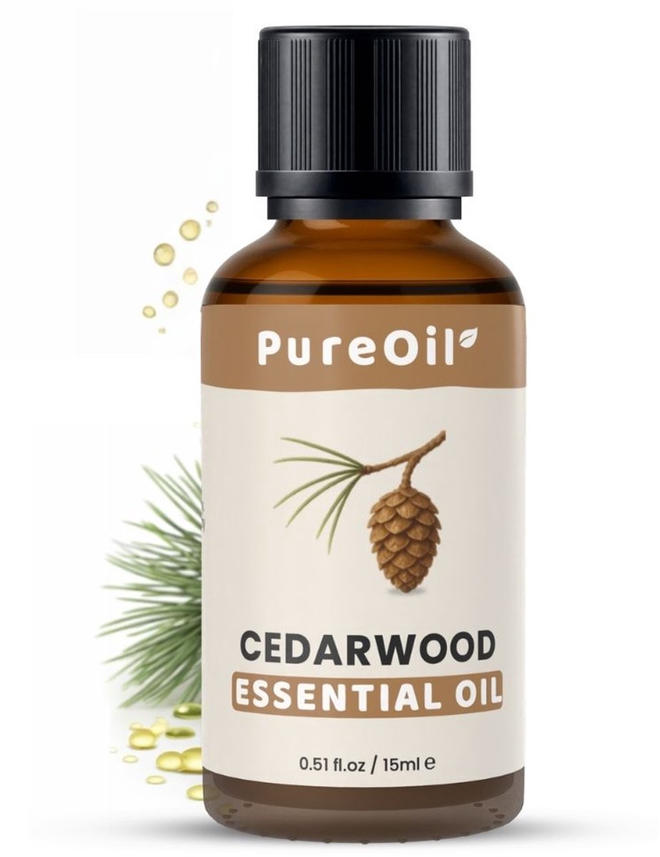 PureOil – Cederhout Etherische Olie – 15ml – 100% Puur, Natuurlijk & Vegan – Cedarwood Voor Haar | Huid | Gezicht | Scalp | Diffuser | Aromatherapie - Tegen Motten