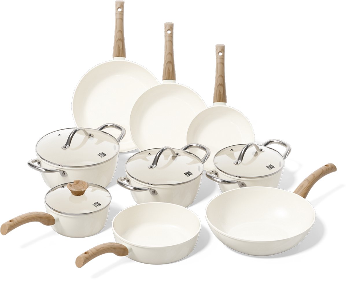 Cook & Pan 9-Delige Pannenset Crème - PFAS vrij - Alle Warmtebronnen - Pannen Set met 7 jaar Garantie - Krasbestendige Anti Aanbaklaag - Vaatwasserbestendig - Gas, Inductie, Elektrisch, Oven - Koekenpan, Wokpan, Steelpan, Hapjespan, Kookpot - Beige – foto 8
