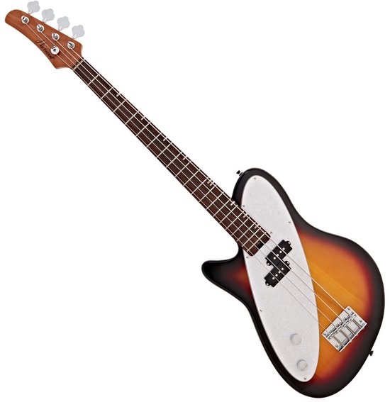 Sunburst basgitaar van Hartwood met zilveren hardware.