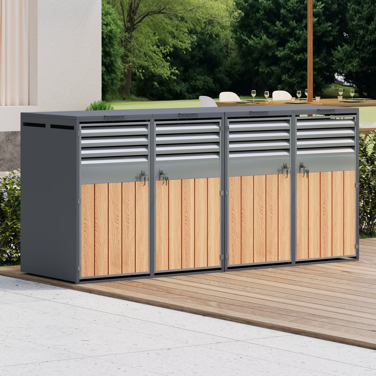 MODFU - Afvalbakombouw - 4 Vakken - Met Klapdeksel En Ventilatie - Industrieel - Voor Buiten - Staal - Grijs Met Houtlook