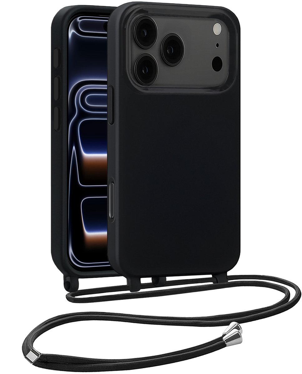 Hoesje Geschikt voor iPhone 17 Pro Hoesje Siliconen Case Met Koord - Hoes Geschikt voor iPhone 17 Pro Hoesje Backcover Met Telefoonkoord - Telefoonhoes - Zwart
