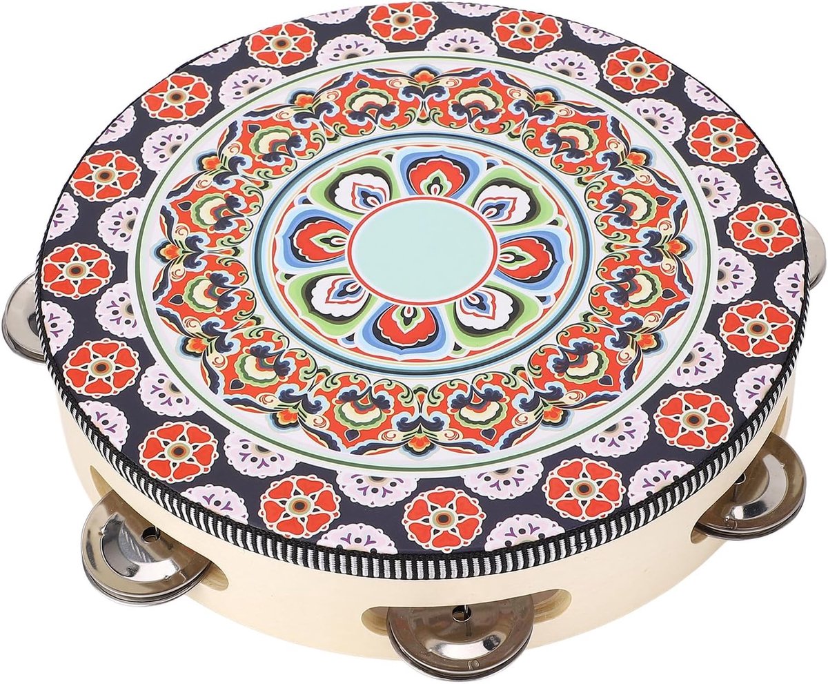 Hand Tamboerijn - Percussie Instrument - Muziek Feesten - Houten Afwerking - 8 Inch - Rode bloem