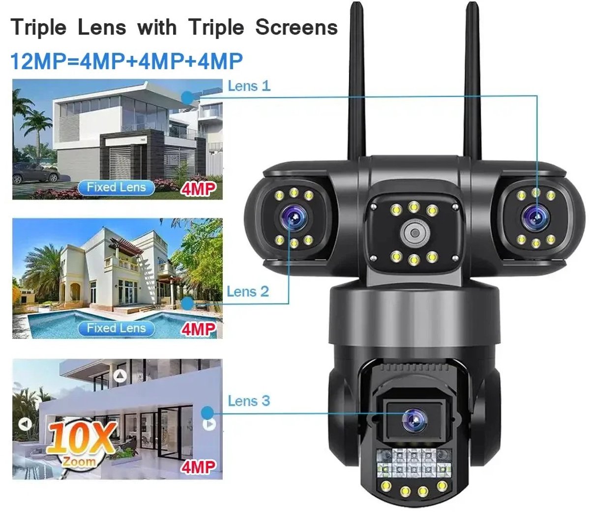 JAQZY Beveiligingscamera's - Met Drievoudige Lens - Wifi - 12MP-Resolutie - 360° Bewaking - 10x Digitale Zoom - Tweerichtings Audio – foto 7