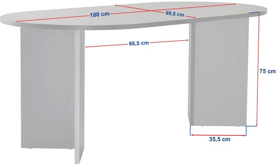 Technische tekening van een ovale witte tafel met afmetingen: lengte 180 cm, breedte 89,5 cm, hoogte 75 cm, pootbreedte 35,5 cm.
