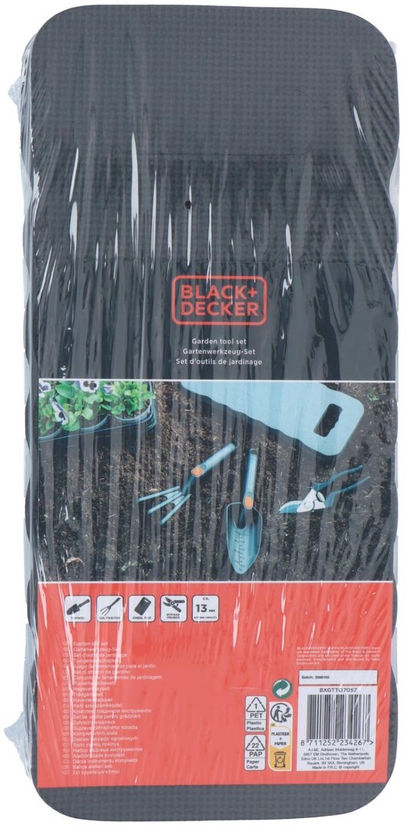 BLACK+DECKER Tuingereedschap Set 4 Stuks - Kniemat, Snoeischaar, Schep en Tuinklauw - 13mm Snijcapaciteit - Zwart/Oranje