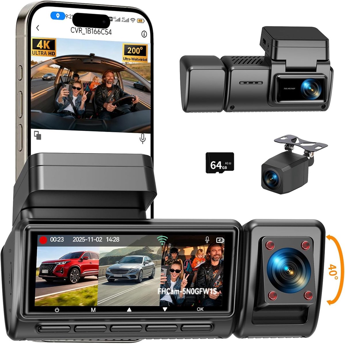 Dashcam Auto - 3 Kanaals Camera - Veilige Ritten - 490° Groothoek - 3.16 Inch Scherm